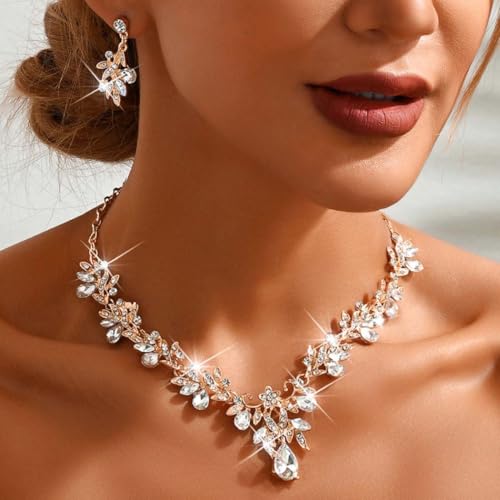 Rhinestone Bridal Wedding Jewelry Sets Gold Necklace Earrings Set Leaf Prom Formal Costume Jewelry Set for Women and Brides - color: Gold