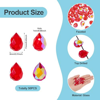 Beadthoven 50pcs Red Crystal Teardrop Glass Beads Faceted Suncatcher Beads for Jewelry Making Briolette Tear Drop Pendants Top Drilled Crystal Prism Spacers for DIY Necklace Bracelet Earring Christmas - color: Red