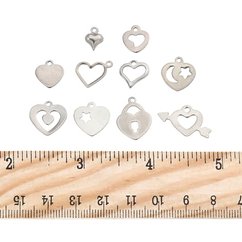 8-64Pcs Silver Goldern Color Heart Pendants Charms 10 Styles Heart Stainless Steel Metal Charms for Jewelry Making Crafting Necklaces Bracelets Earrings Keychains Birthday Gift - color: Silver-60 pcs
