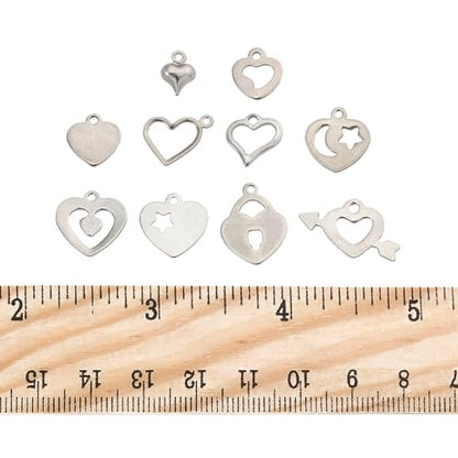 8-64Pcs Silver Goldern Color Heart Pendants Charms 10 Styles Heart Stainless Steel Metal Charms for Jewelry Making Crafting Necklaces Bracelets Earrings Keychains Birthday Gift - color: Silver-60 pcs