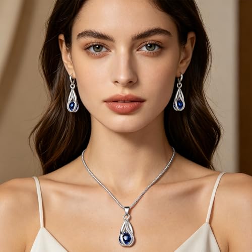 Crystal Jewelry AlloyTeardrop Pendant Necklace Drop Earrings Set Elegant Sapphire Color Jewelry for Women - color: Blue
