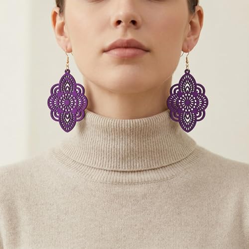 Boho Black Filigree Dangle Earrings for Women, Lightweight Hollow Lace Drop, Wood, 3.34" x 1.69", Bohemian Jewelry - color: Purple