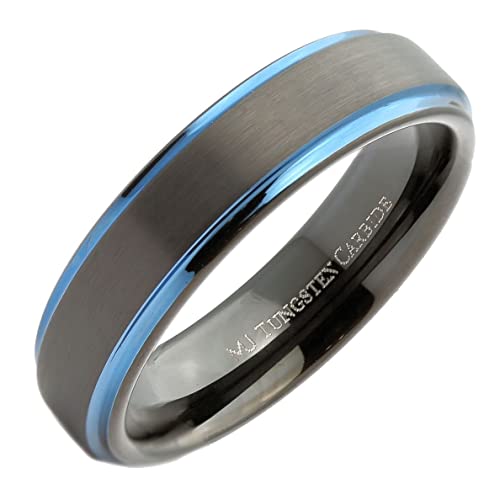 Tungsten Carbide Wedding Bands That Feature Different Finishes and Edge Colors - color: Black/Blue-6mm