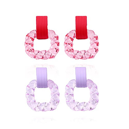 2 Pairs Transparent Acrylic Dangle Earrings Set,Geometric Square Drop Earrings Resin Twist Rectangle Plastic Earrings Jewelry for Women - color: Red Purple