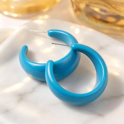 Chunky Acrylic Resin Hoop Earrings 80s 90s Statement Earrings | Thick Lightweight Costume Jewelry for Women Daily, Party, Vacation Wear, Gift for Her - color: Blue