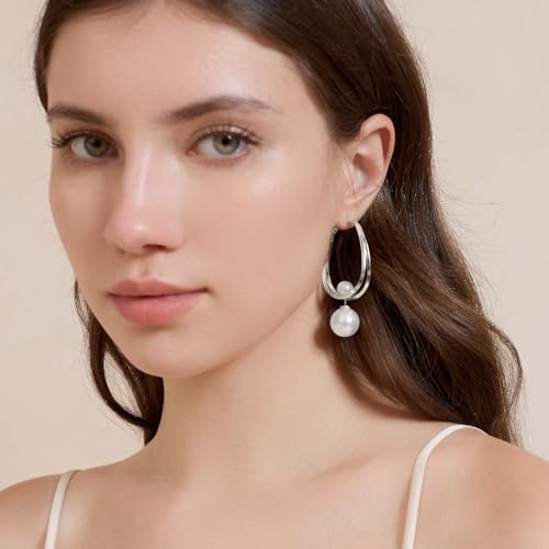 14k Gold Plated Lightweight Pearl Earrings,Trendy Jewelry,Teardrop Hoop Earrings for Women,Pearl Drop Earrings,Elegant Jewelry for Gifts - color: silver pearl