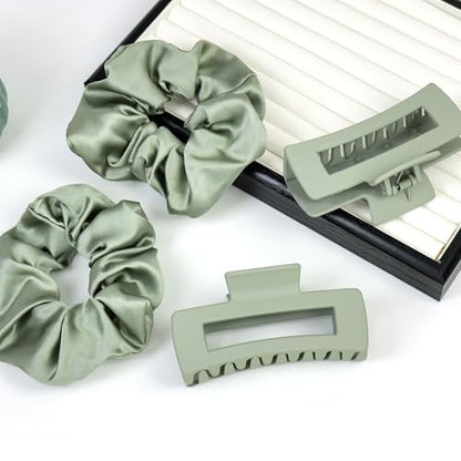 8Pcs Hair Clips and Scrunchies Set for Women - 4 Medium Non-Slip Matte Square Claw Clips, 4 Large Satin Scrunchies, Hair Accessories for Thick Thin Hair, Daily Use (Green) - color: Botanical Green Tones
