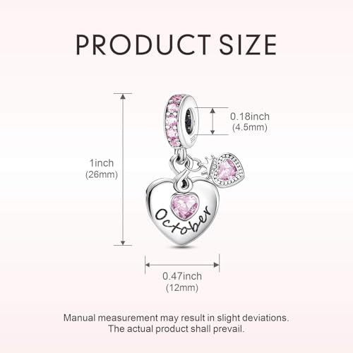 BLUELUNE Birthstone Charms, 925 Sterling Silver Dangle Charm with 5A Cubic Zirconia for Bracelets or Necklaces, Birthday, Mother's Day Present for Women - color: October