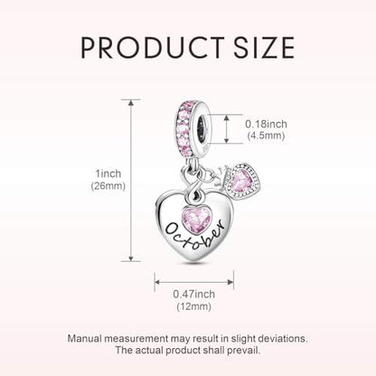 BLUELUNE Birthstone Charms, 925 Sterling Silver Dangle Charm with 5A Cubic Zirconia for Bracelets or Necklaces, Birthday, Mother's Day Present for Women - color: October