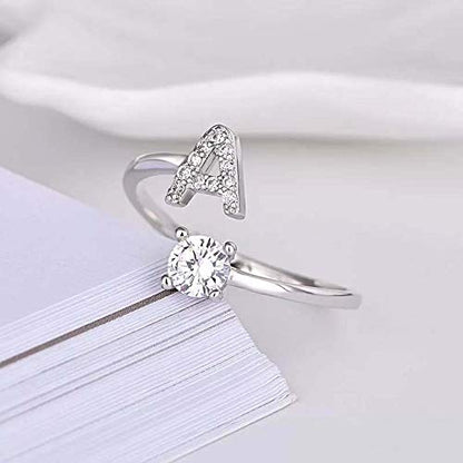 FUTIMELY Initial Letter Ring Alphabet Ring A-Z Silver Crystal Open Adjustable Personalized Initial Ring for Women - style: AA