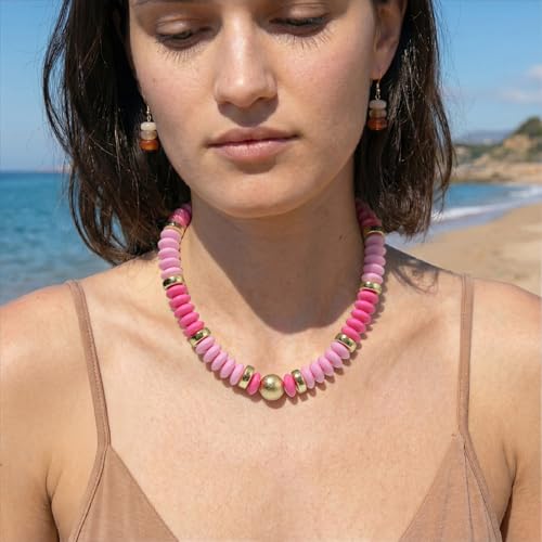 RISHEGAE Chunky Beaded Necklace for Women Boho Resin Beaded Choker Necklace Adjustable Surfer Beach Strand Necklaces Gold Handmade Acrylic Beads Jewelry Gift for Women - color: Style 4pink