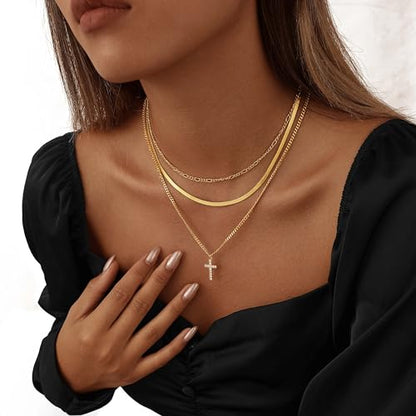 Layered Gold Cross Necklaces for Women, Stack Stackable 14K Gold/Silver Plated Cubic Zirconia Pendant Necklace Set Dainty Choker Layering Necklaces for Women Faith Jewelry Religious Gift - style: Gold-CZ-1