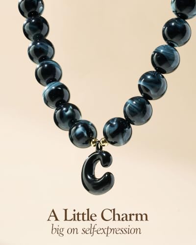 DoDoBeads Chunky Colorful Beaded Initial Necklace, Bubble Letter Choker | Gift box and dust pouch included; waterproof and sweat-resistant with real gold plated stainless steel hardware - color: Black-C