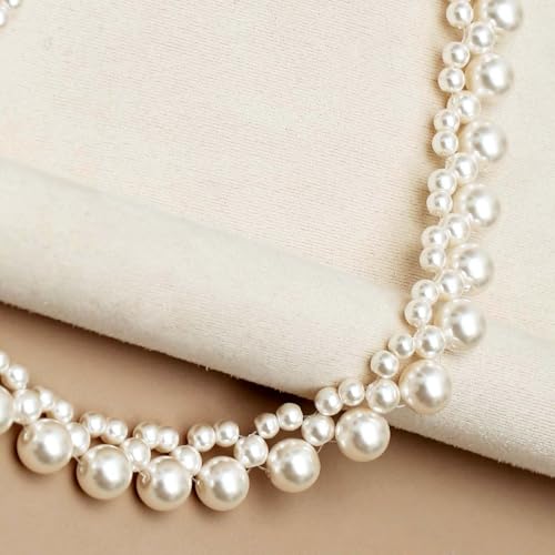 S SUSANN Costume Layered Twisted Gold Pearl Necklace Choker Chunky Glass Statement Pearl Necklace and Earring set, good gift for women Faux pearl necklace set - style: Hand weaved floral choker set