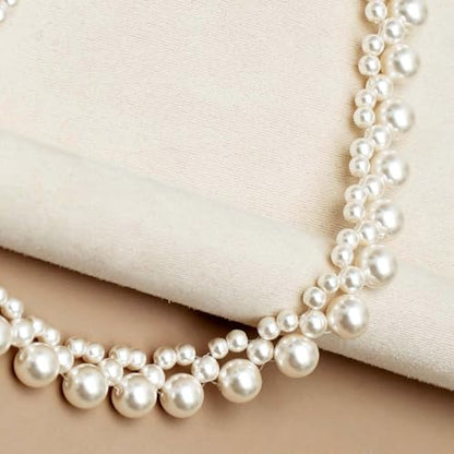 S SUSANN Costume Layered Twisted Gold Pearl Necklace Choker Chunky Glass Statement Pearl Necklace and Earring set, good gift for women Faux pearl necklace set - style: Hand weaved floral choker set