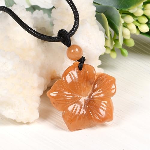 Justinstones Hand Carved Healing Crystals Gemstone Hawaii Flower Pendant Hand Weaving Wax Rope Necklace 22 inch - color: Orange Aventurine