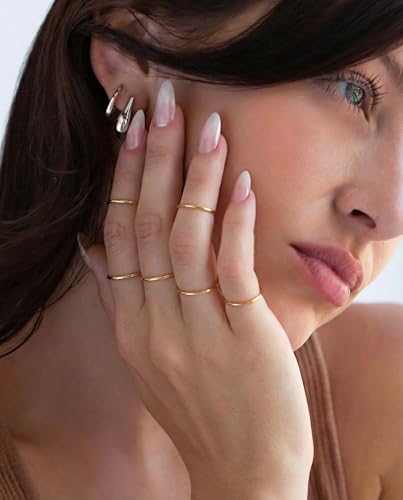 ALEXTINA 1mm Stainless Steel Stacking Rings for Women Thin 14K Gold Plated Band Rings Non Tarnish Stackable Knuckle Rings Thumb Pinky Midi Rings Comfort-Fit Size 4/5/6/7/8/9 - style: Domed