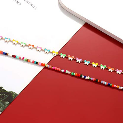 Boho Beaded Ankle Bracelet Beach 18 K Gold Plated Anklet Bracelets Handmade Colorful Seed Beads Butterfly Evil Eye Heart Link Chain Anklet Pack Cute Summer Foot Jewelry for Women - style: beaded ankle bracelet D set