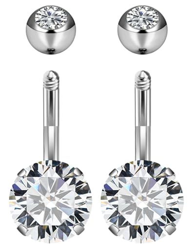 Long Belly Button Ring 6mm 8mm 10mm 12mm 14mm Surgical Stainless Steel Round Cubic Zirconia Navel Barbell Long Bar Belly Button Piercing Jewelry Silver, black, rose gold belly ring - color: 2pcs-6mm-Silver navel ring