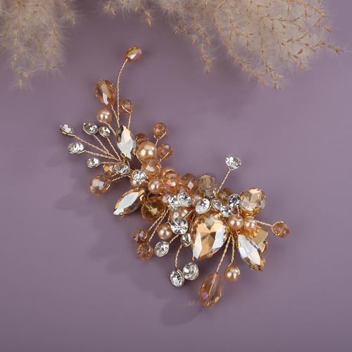 Teyglen Bridal Rhinestone Hair Clip Champagne Pearl Crystal Hair Barrette Sparkly Hair Piece Wedding Hair Clips Hair Accessories Jewelry for Women (Champagne) - color: Champagne