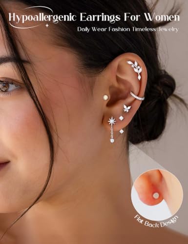 Turandoss 24Pcs Flat Back Earring Stacks, 316L Surgical Steel Earrings | Hypoallergenic Earrings for Sensitive Ears, Small Dainty Earrings Set, Helix Tragus Conch Daith Piercing Jewelry - color: Silver