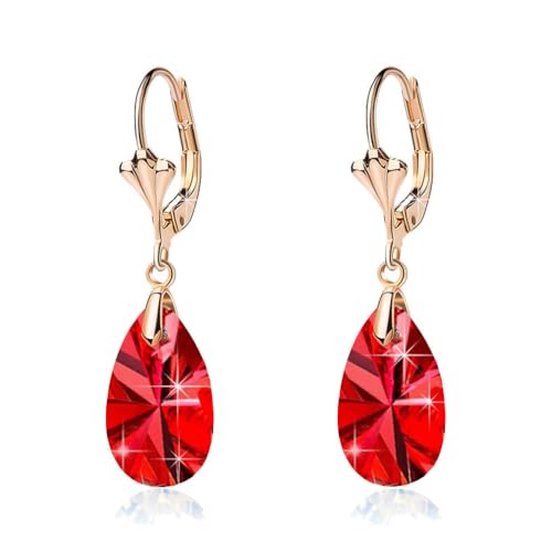 Austrian Crystal Teardrop Leverback Dangle Earrings for Women Fashion 14K Gold Plated Hypoallergenic Jewelry - color: Red