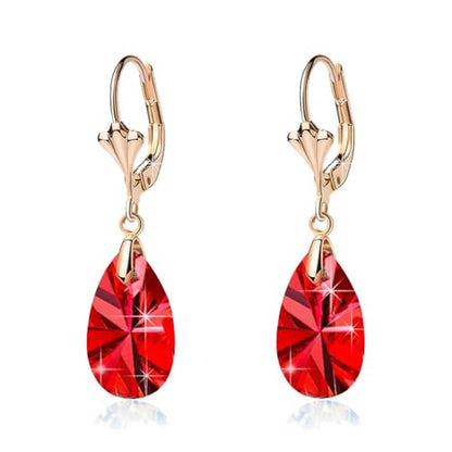 Austrian Crystal Teardrop Leverback Dangle Earrings for Women Fashion 14K Gold Plated Hypoallergenic Jewelry - color: Red