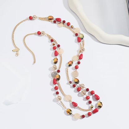 Bocar Long Necklaces for Women Trendy, Boho Layered Crystal Beaded Collar Necklaces for Women, Fashion Statement Necklaces Jewelry - color: Wine