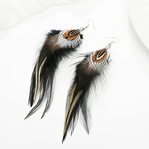 Bohemian Pheasant Peacock Long Feathers Statement Earrings Handmade Natural Lightweight Feather Dangle Earrings for Women (ea000071) - color: Silver Pheasant Black