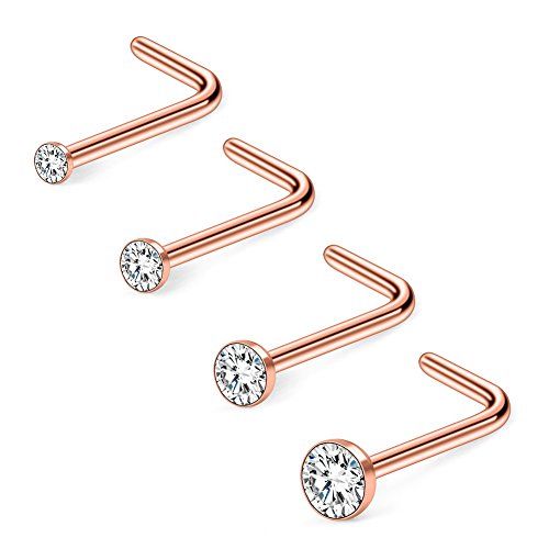 20G 1.5mm 2mm 2.5mm 3mm 3.5mm 4mm Opal Clear Diamond CZ Nose L Shaped Studs Rings Piercing Jewelry 4-20PCS - color: 4PCS - Rose Gold