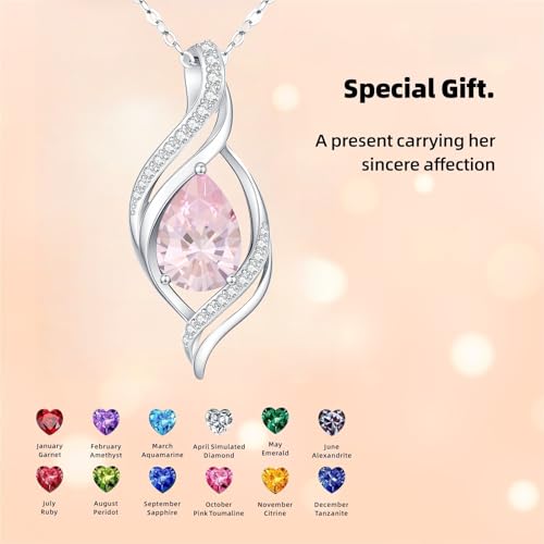 Birthstone Necklace for Women S925 Sterling Silver Teardrop | With Cubic Zirconia and Gemstones - Ideal Birthday Jewelry Gift for Her, Girlfriend, Wife, Mom on Birthday, Anniversary - color: 10 - Pink