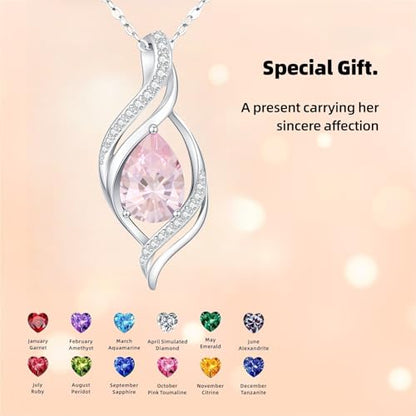 Birthstone Necklace for Women S925 Sterling Silver Teardrop | With Cubic Zirconia and Gemstones - Ideal Birthday Jewelry Gift for Her, Girlfriend, Wife, Mom on Birthday, Anniversary - color: 10 - Pink