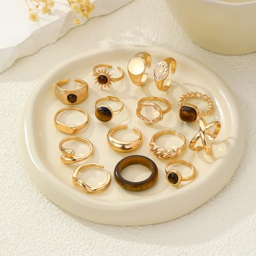 Chunky Gold Rings for Women Non Tarnish, Baroque Pearl Flower Tiger's Eye Stone Rings Adjustable Stacking Statement Rings Set Fashion Jewelry Gifts - style: Tiger eye stone