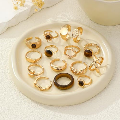 Chunky Gold Rings for Women Non Tarnish, Baroque Pearl Flower Tiger's Eye Stone Rings Adjustable Stacking Statement Rings Set Fashion Jewelry Gifts - style: Tiger eye stone