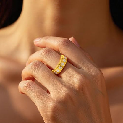 Fidget Anxiety Rings for Women 14K Gold Silver Plated Spinner Band Ring 8mm Thick Stainless Steel Statement Rings Jewelry Gifts Size 6-10 - color: Gold-Flower