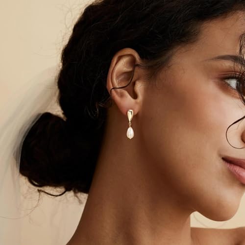 LLWOM Earrings for Women - 14K Gold Plated CZ Teardrop Dangle Earrings | Dangling Earrings for Women Trendy, Hypoallergenic Jewelry Gift for Wedding/Party/Prom/Daily, Elegant Drop Earring Stud - color: Gold Pearl Teardrop