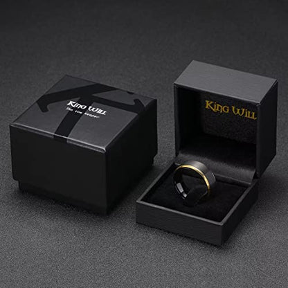 King Will Mens Brushed Wedding Band, Two Tone Matte Step Edges/Pipe Cut, Tungsten Carbide Anniversary Promise Rings Comfort Fit - color: Black&Gold Edge-8mm