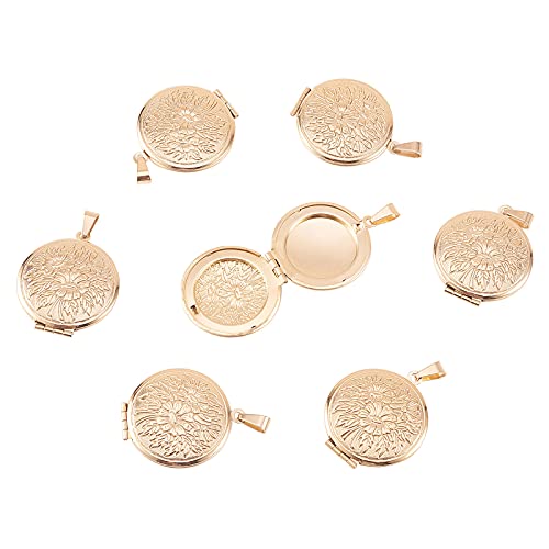 LiQunSweet 10 Pcs Vintage Golden Plated Stainless Steel Memory Photo Picture Pendants Frame Flower Pattern Charms for Necklaces Jewelry Making - 32x27mm - color: Flat Round_32x27mm