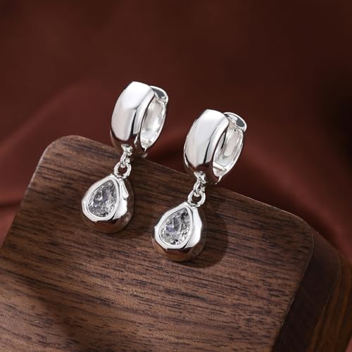 NIXMAX Trendy Gold Dangle Earrings for Women, Chunky Statement CZ Hoops | Bezel-Set Cubic Zirconia Charm, 14K Gold Plated, Lightweight Hypoallergenic Jewelry, Fashion Accessories, Gifts for Women - color: SIlver-Chunky Teardrop Hoops