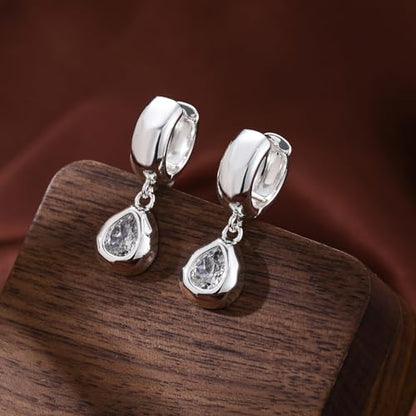 NIXMAX Trendy Gold Dangle Earrings for Women, Chunky Statement CZ Hoops | Bezel-Set Cubic Zirconia Charm, 14K Gold Plated, Lightweight Hypoallergenic Jewelry, Fashion Accessories, Gifts for Women - color: SIlver-Chunky Teardrop Hoops