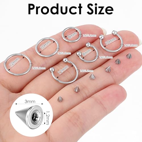 SynHHergyx 6 Pcs Nose Septum Rings 16G Horseshoe Lip Earring Ring Hoops Nose Piercing Jewelry 8mm 10mm 12mm Eyebrow Hoop Rings Piercing Jewelry - color: Silver