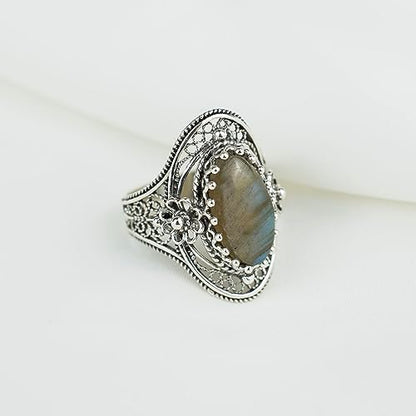 Filigranist 925 Sterling Silver Handcrafted Filigree Art Flower Pattern Woman Oval Statement Ring, Gift Boxed - color: Labradorite