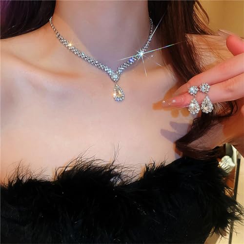 Wedding Jewelry Sets for Brides Rhinestone Necklace and Earring Set Bracelet Ring Gold Silver Prom Jewelry Sets Diamond Flower Teardrop Necklace for Women - color: Style4-Teardrop-2pcs