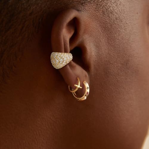 Women Gold Earrings Huggie Hoop Cubic Zirconia 14K Gold Plated Small Simple Hypoallergenic Everyday Jewelry - style: Ridge Rainbow