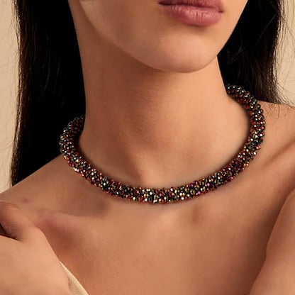 Hand Knotted Beads Statement Necklace Bracelet Jewelry Set Artificial Crystal Choker for Women- Handmade Beaded Strand Sparkly Faceted Crystal Rondelle-17inches, 30 Colors - color: Light Blue