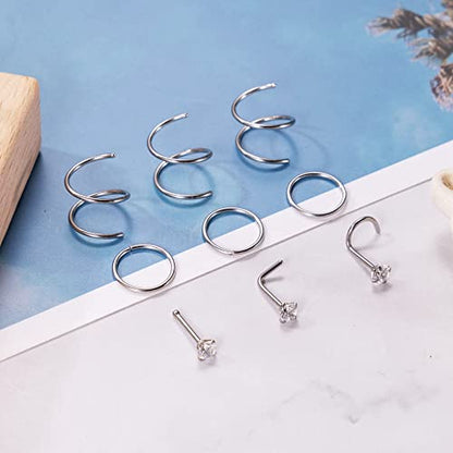 21PCS 18G 20G 22G 316L Stainless Steel Nose Rings Hoop for Women Men Double Nose Ring CZ Nose Stud Piercing Jewelry - color: 22G-Sliver tone