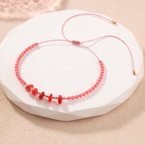 KELITCH Women Natural Stone Beads Anklet Boho Color Beaded Ankle Adjustable Foot Chain Jewelry for Summer Beach Holiday - color: Red 08E