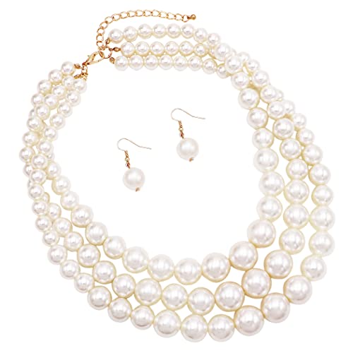 Rosemarie & Jubalee Women's 3 Colorful Multi Strands Simulated Pearl Necklace And Earrings Jewelry Gift Set, 18"+3" Extender - color: Cream Gold Tone - Single Ball Earring