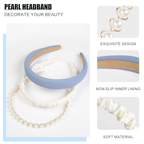 TEBIEKOY 3PCS Headbands for Women Non Slip Trendy Headbands for Women's Hair Cute Pearl Headband Bule Padded Hairband Elastic Womens Head Bands Hair Accessories - color: blue