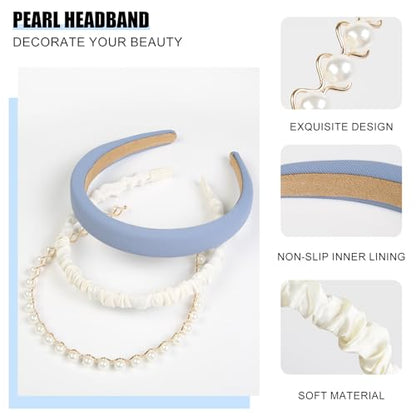 TEBIEKOY 3PCS Headbands for Women Non Slip Trendy Headbands for Women's Hair Cute Pearl Headband Bule Padded Hairband Elastic Womens Head Bands Hair Accessories - color: blue